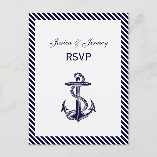 Postal De Invitación Nautical Anchor Naval Diag Stripe 2 RSVP 1 (Anverso)