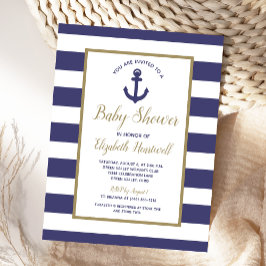 Postal De Invitación Nautical Anchor Navy Blue Striped Boy Baby Shower