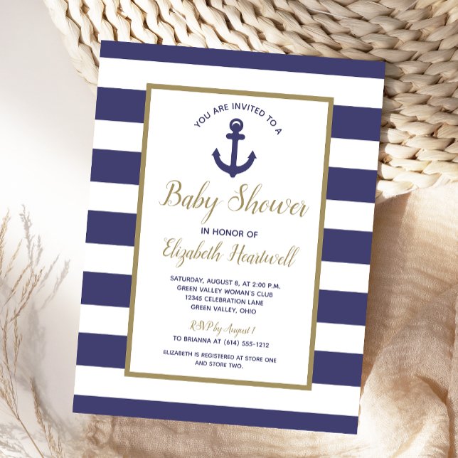 Postal De Invitación Nautical Anchor Navy Blue Striped Boy Baby Shower (Subido por el creador)