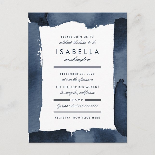 Postal De Invitación Nautical Naval Blue Watercolor Bridal Shower (Anverso)