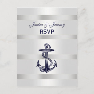 Postal De Invitación Nautical Navy Azul Ancla Plata Blanco RSVP 1