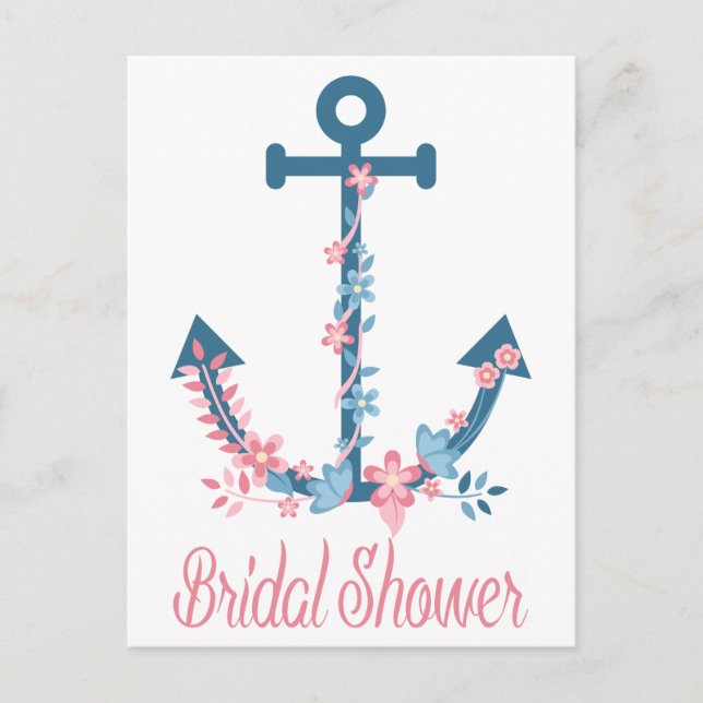 Postal De Invitación Nautical Pink & Blue Bridal Shower Anchor Floral (Anverso)