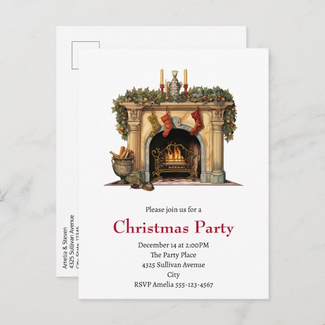 Postal De Invitación Navidades acogedores de la chimenea de Victoria (Anverso / Reverso)