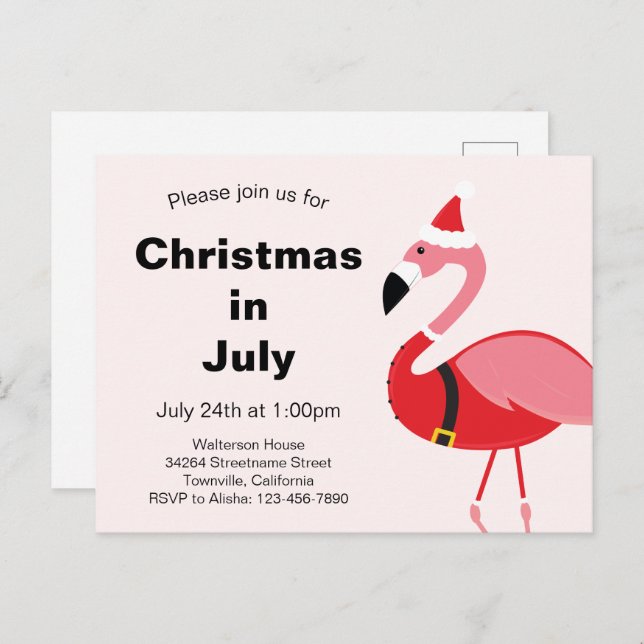 Postal De Invitación Navidades de Flamingo Santa en julio (Anverso / Reverso)