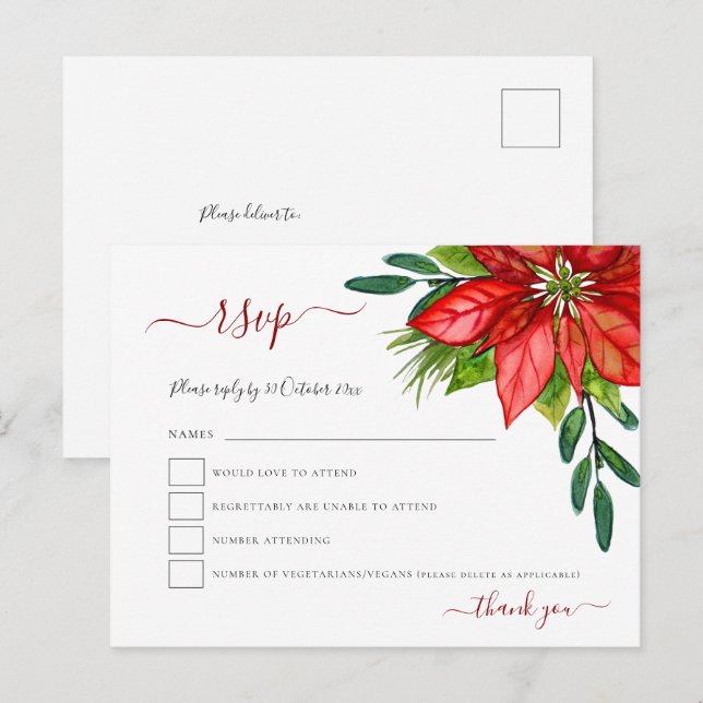 Postal De Invitación Navidades de follaje de Poinsettia Roja Boda RSVP (Anverso / Reverso)