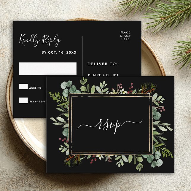 Postal De Invitación Navidades de la vegetación botánica Boda Black RSV (Front & Back)