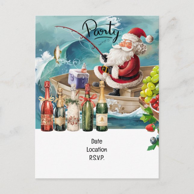 Postal De Invitación Navidades de los amantes de la pesca con Santa Cla (Anverso)