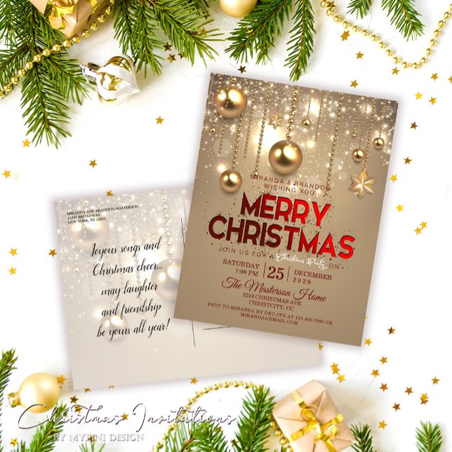 Postal De Invitación Navidades de oro Baubles y Navidades Estrellas Fie (Subido por el creador)