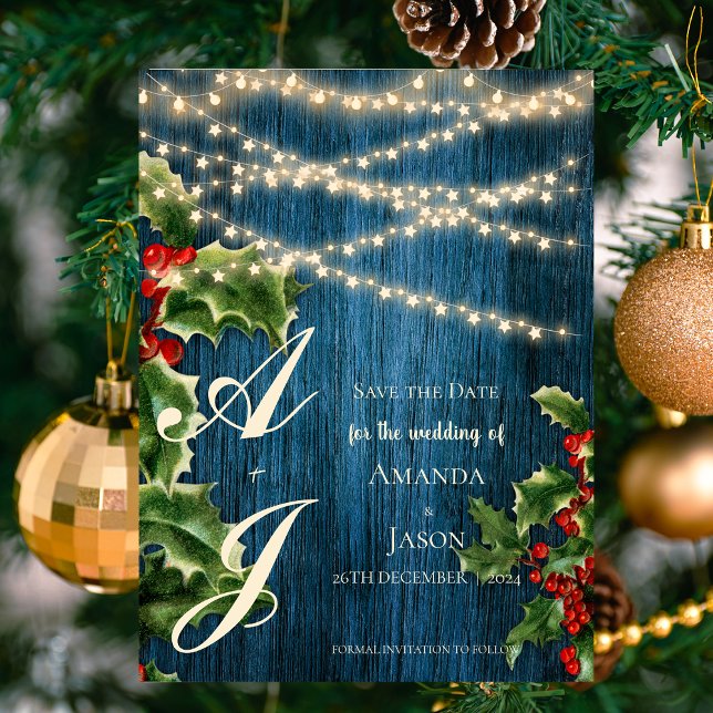 Postal De Invitación Navidades en Monograma de Madera Azul Boda Salven  (Blue Wood Monogram Christmas Wedding Save The Date Invitation Postcard)