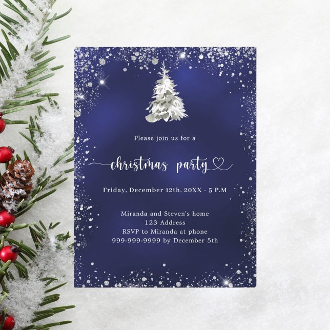 Postal De Invitación Navidades Fiesta purpurina de plata azul brillante (Subido por el creador)