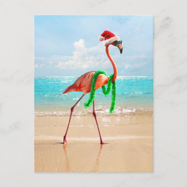 Postal De Invitación Navidades Flamingo en la playa (Anverso)
