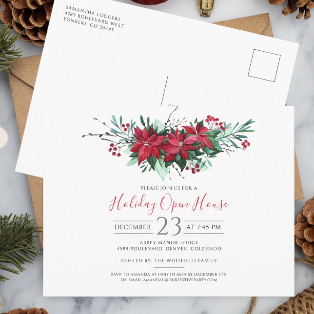 Postal De Invitación Navidades Holiday Open House Fiesta Floral (Christmas Open House Script Poinsettia Party Invitation)