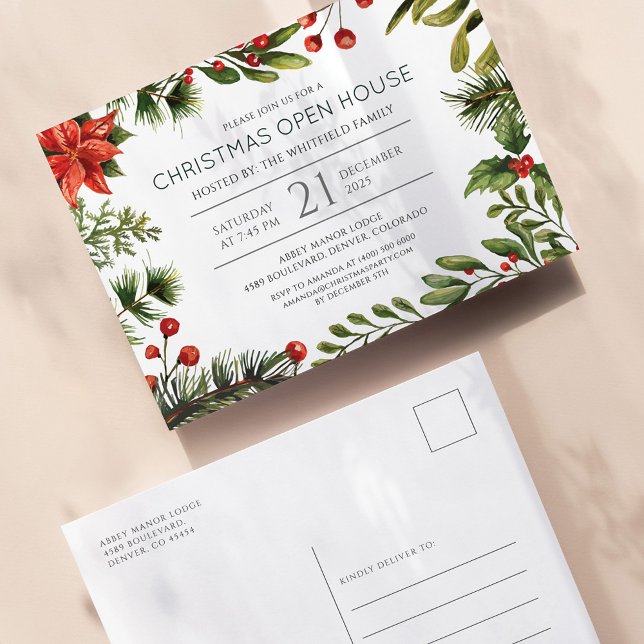 Postal De Invitación Navidades Holiday Open House Red Greenery (Christmas Open House Botanical Party Invitation)