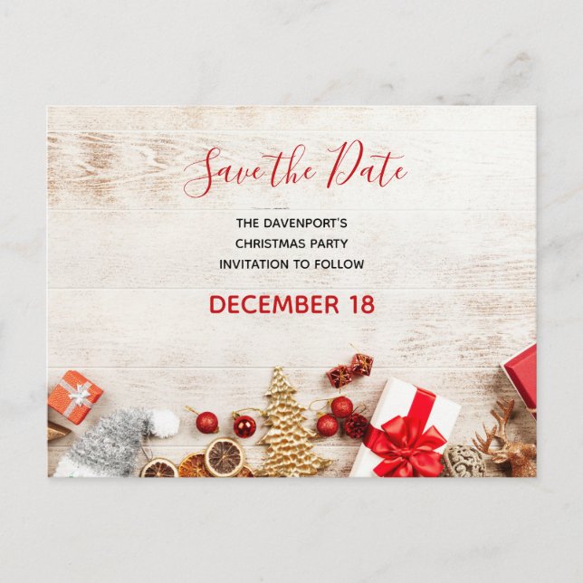 Postal De Invitación Navidades Junta de Madera Rústica Salven la fecha (Anverso)
