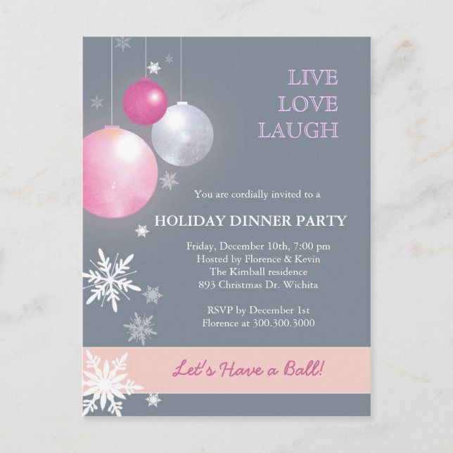 Postal De Invitación Navidades rosados y plateados Fiesta de cena (Anverso)