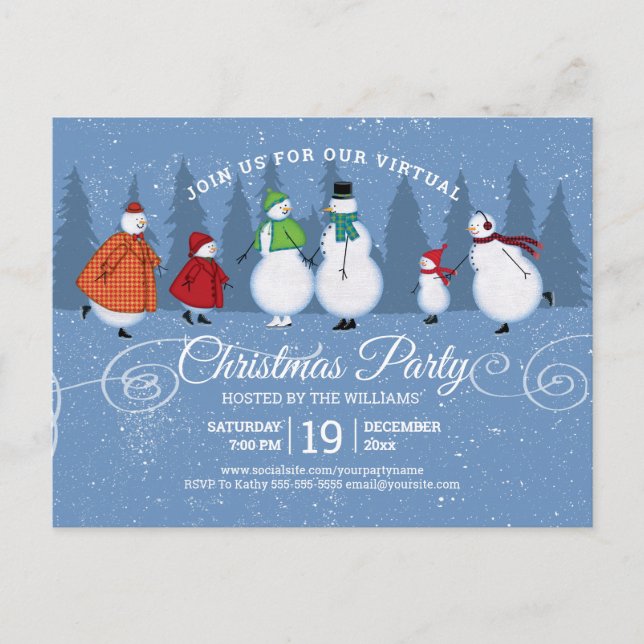 Postal De Invitación Navidades virtuales Fiesta Snowman patinando pinos (Anverso)