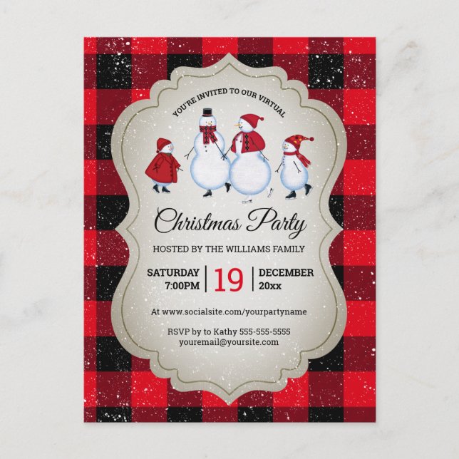 Postal De Invitación Navidades virtuales Fiesta Snowman Red Buffalo (Anverso)