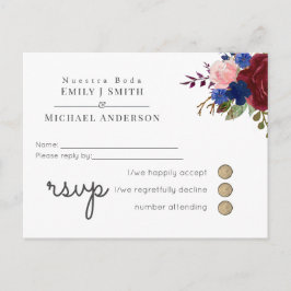 Postal De Invitación Navy Blue Burgundy Floral Española Boda RSVP