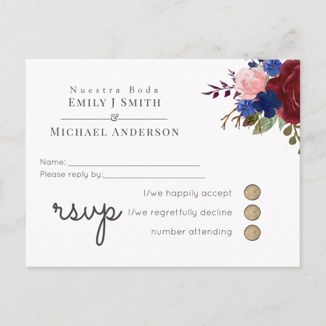 Postal De Invitación Navy Blue Burgundy Floral Española Boda RSVP (Anverso)
