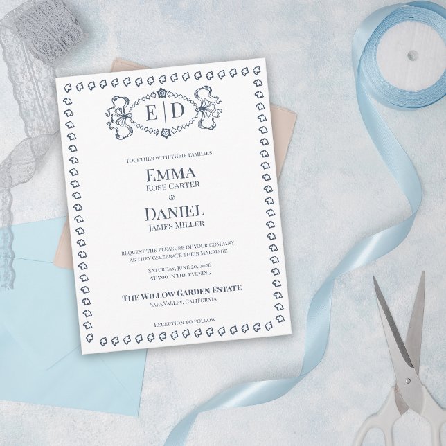 Postal De Invitación Navy Blue Heirloom Crest Monogram Formal Wedding (Navy Blue Heirloom Crest Wedding Invitation | Elegant Monogram Formal Traditional Wedding Invite)