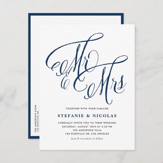 Postal De Invitación Navy Blue Mr. y la Sra. Rustic Calligraphy Boda (Anverso / Reverso)