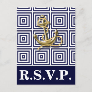Postal De Invitación Navy Blue patrón ancla boda náutica rsvp