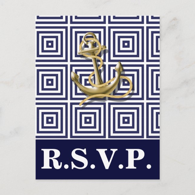 Postal De Invitación Navy Blue patrón ancla boda náutica rsvp (Anverso)