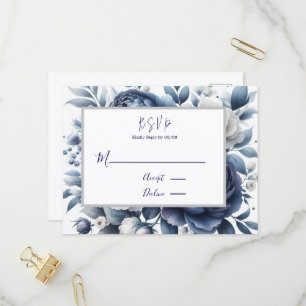 Postal De Invitación Navy Blue Peonies & White Roses Wedding RSVP