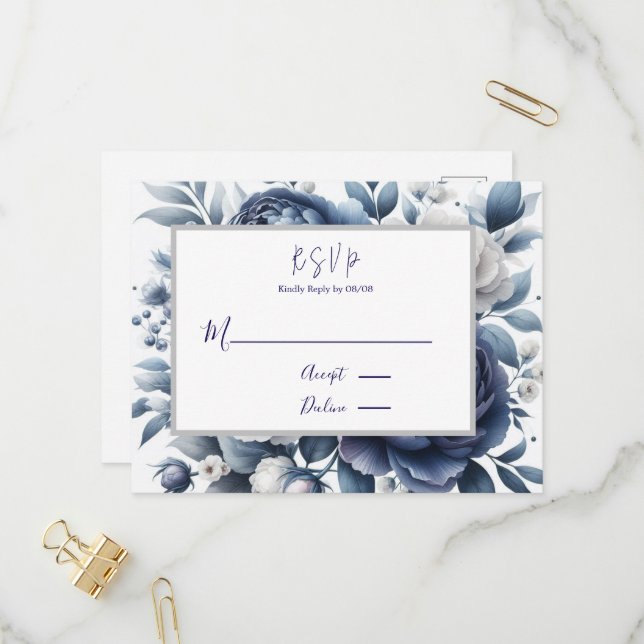 Postal De Invitación Navy Blue Peonies & White Roses Wedding RSVP (Anverso/Reverso In Situ)