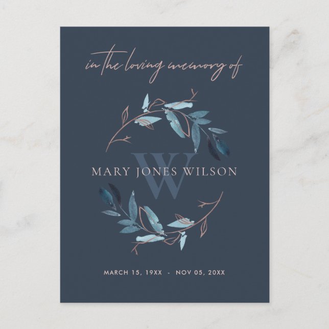 POSTAL DE INVITACIÓN NAVY BLUE PINK FOLIAGE WREATER MEMORIAL GRACIAS (Anverso)