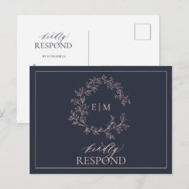 Postal De Invitación Navy Blue Rubor Boda en Monograma Rosa RSVP
