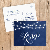 Navy Blue String Lights Wedding RSVP Postcard