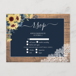 Postal De Invitación Navy Blue Sunflower Script Lace Wood Wedding RSVP