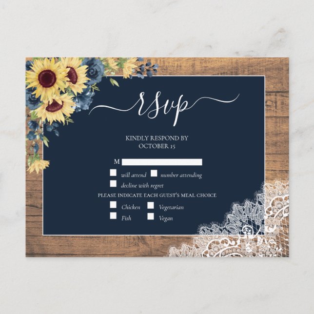 Postal De Invitación Navy Blue Sunflower Script Lace Wood Wedding RSVP (Anverso)
