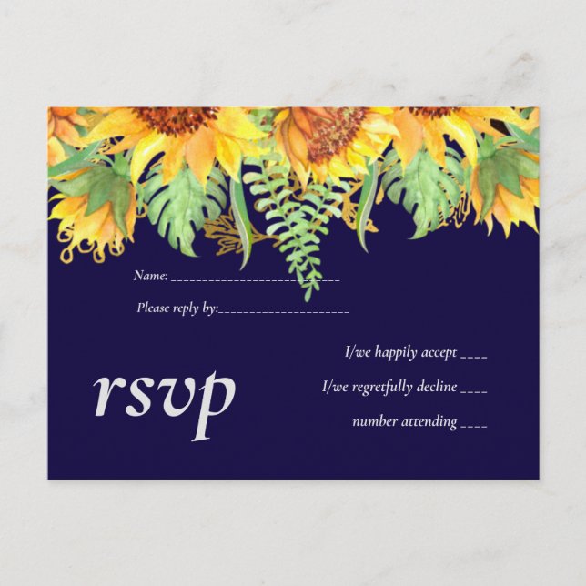 Postal De Invitación Navy Blue Sunflowers Boda Presupuesto moderno (Anverso)