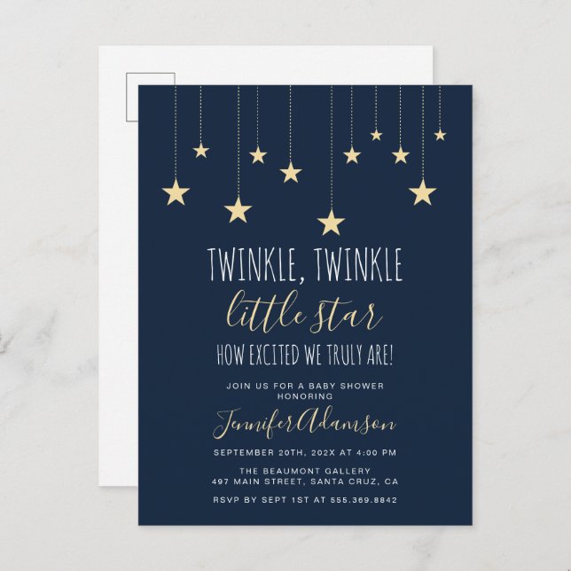 Postal De Invitación Navy Blue Twinkle Little Star Baby Shower (Anverso / Reverso)