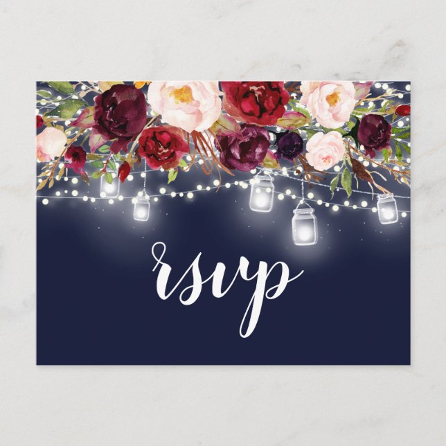 Postal De Invitación Navy Burgundy Floral Mason Jar String Lights RSVP (Anverso)