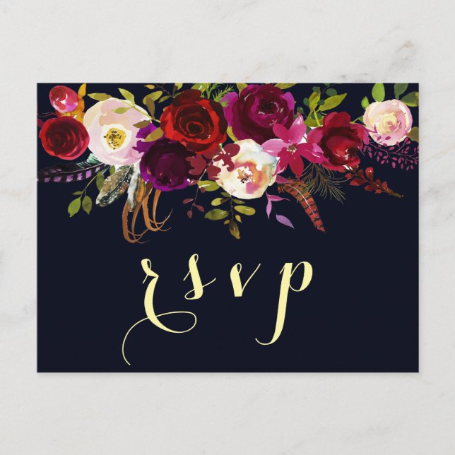 Postal De Invitación Navy Burgundy Marsala Rustic Boho Wedding RSVP (Anverso)