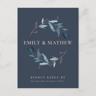 POSTAL DE INVITACIÓN NAVY GOLD FOLIAGE WATERCOLOR WREATING WEDDING RSVP