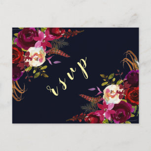 Postal De Invitación Navy Marsala Boho Boda Floral de otoño RSVP
