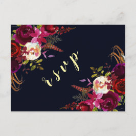 Postal De Invitación Navy Marsala Boho Boda Floral de otoño RSVP