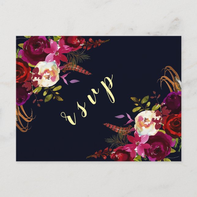 Postal De Invitación Navy Marsala Boho Boda Floral de otoño RSVP (Anverso)