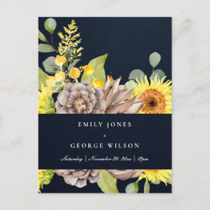 POSTAL DE INVITACIÓN NAVY SUNFLOWER EUCALYPTUS BODA FLORAL DE CONO PINO