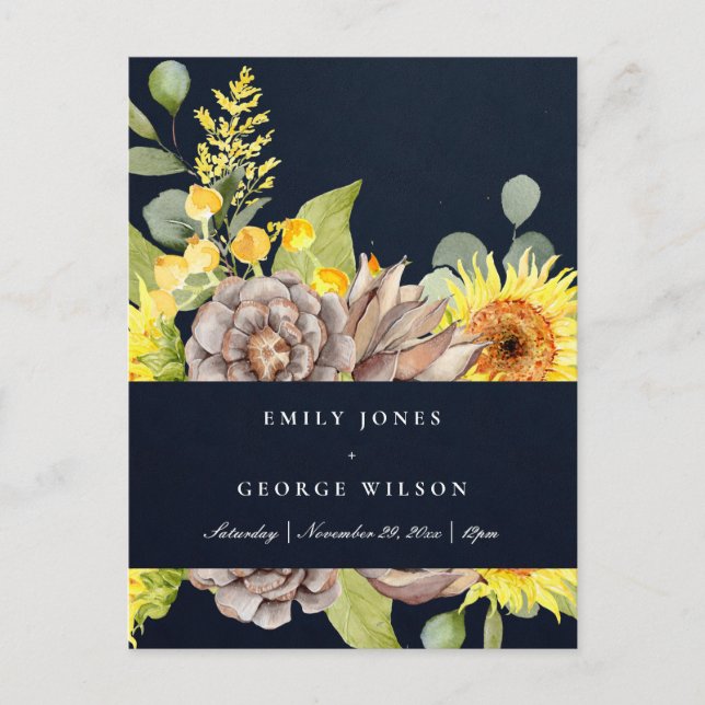 POSTAL DE INVITACIÓN NAVY SUNFLOWER EUCALYPTUS BODA FLORAL DE CONO PINO (Anverso)
