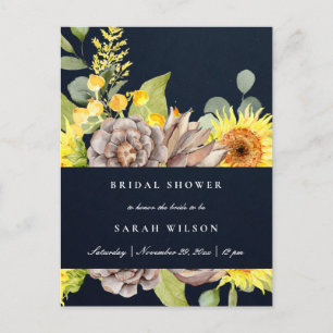 POSTAL DE INVITACIÓN NAVY SUNFLOWER EUCALYPTUS PINE FLORA BRIDAL DUCHA