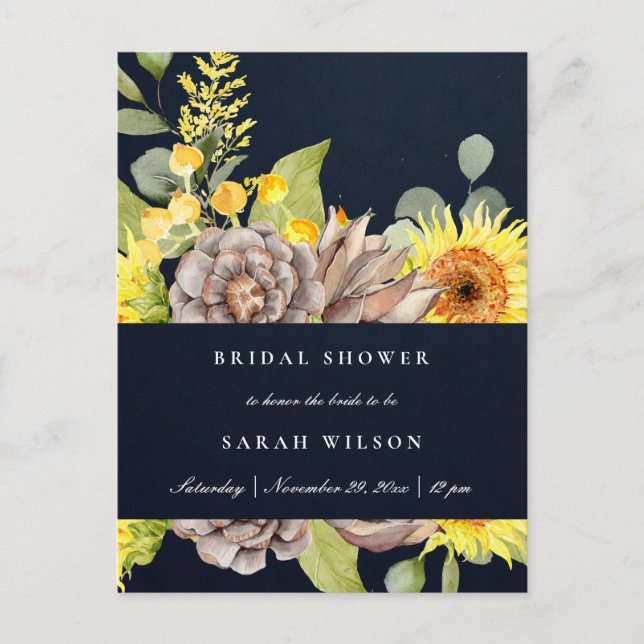 POSTAL DE INVITACIÓN NAVY SUNFLOWER EUCALYPTUS PINE FLORA BRIDAL DUCHA (Anverso)