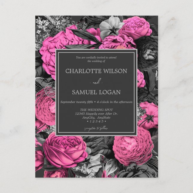 Postal De Invitación Negro Rosa Floral | Boda floral moderna y chic (Anverso)