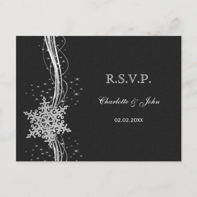 Postal De Invitación negro Silver Snowflakes Wind Wedding RSVP (Anverso)
