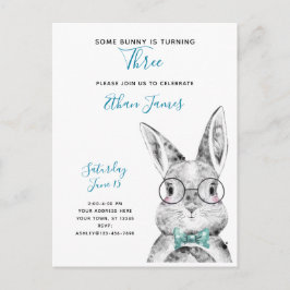 Postal De Invitación Negro y blanco, algún conejo cumple tres años