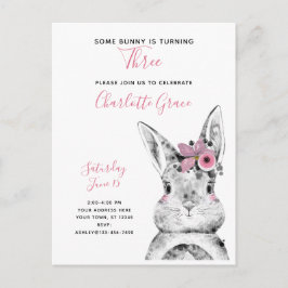 Postal De Invitación Negro y blanco, algún conejo cumple tres años